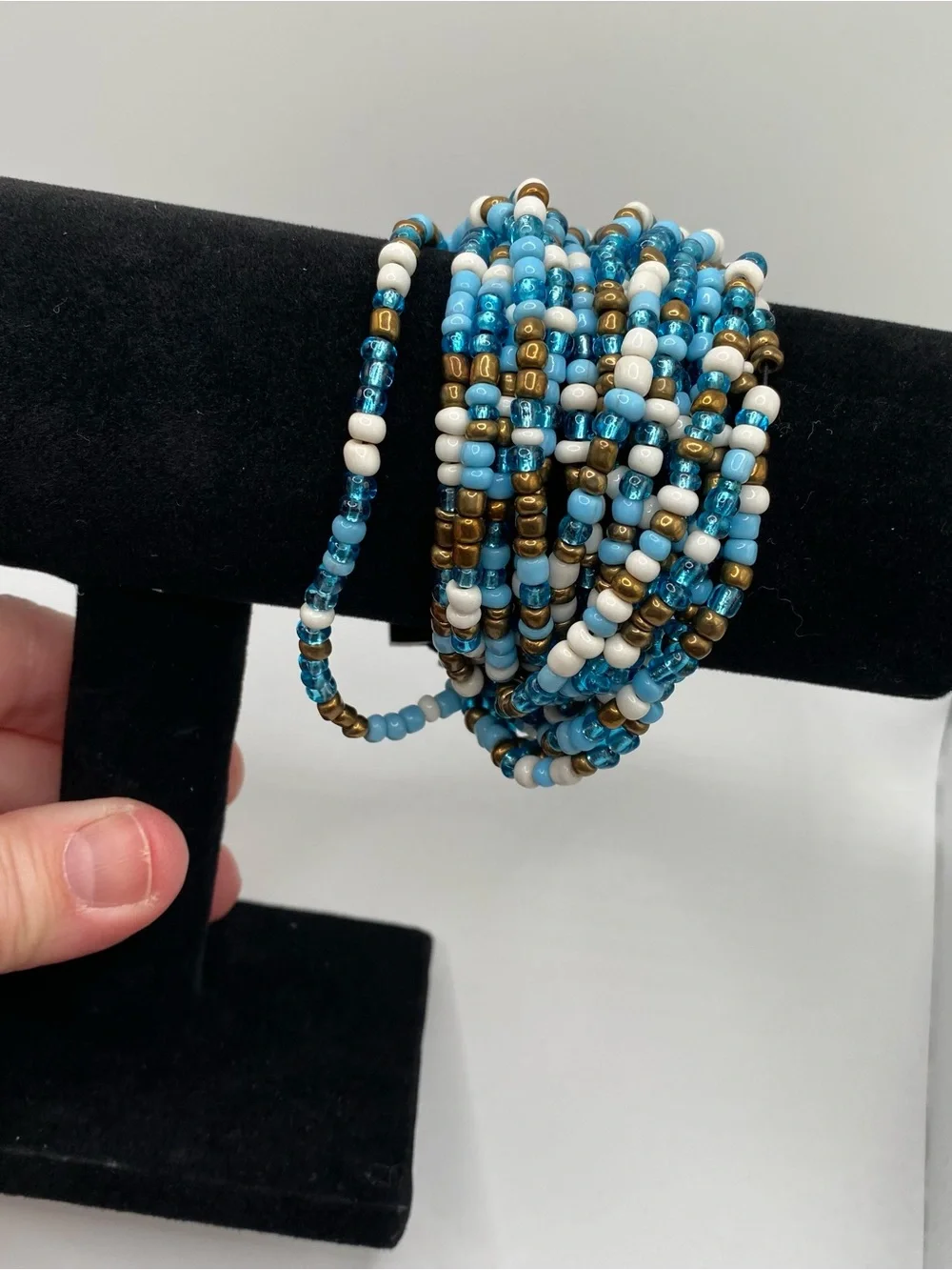 Vintage Beaded Stretch Bracelet Set - Blue, White & Gold wood accents